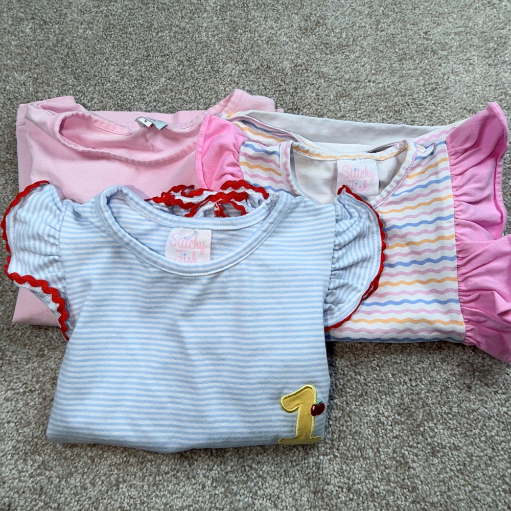 Stitchy Fish Girls Tops (3) Pink Blue Striped Ruffle Princess School Size 5
